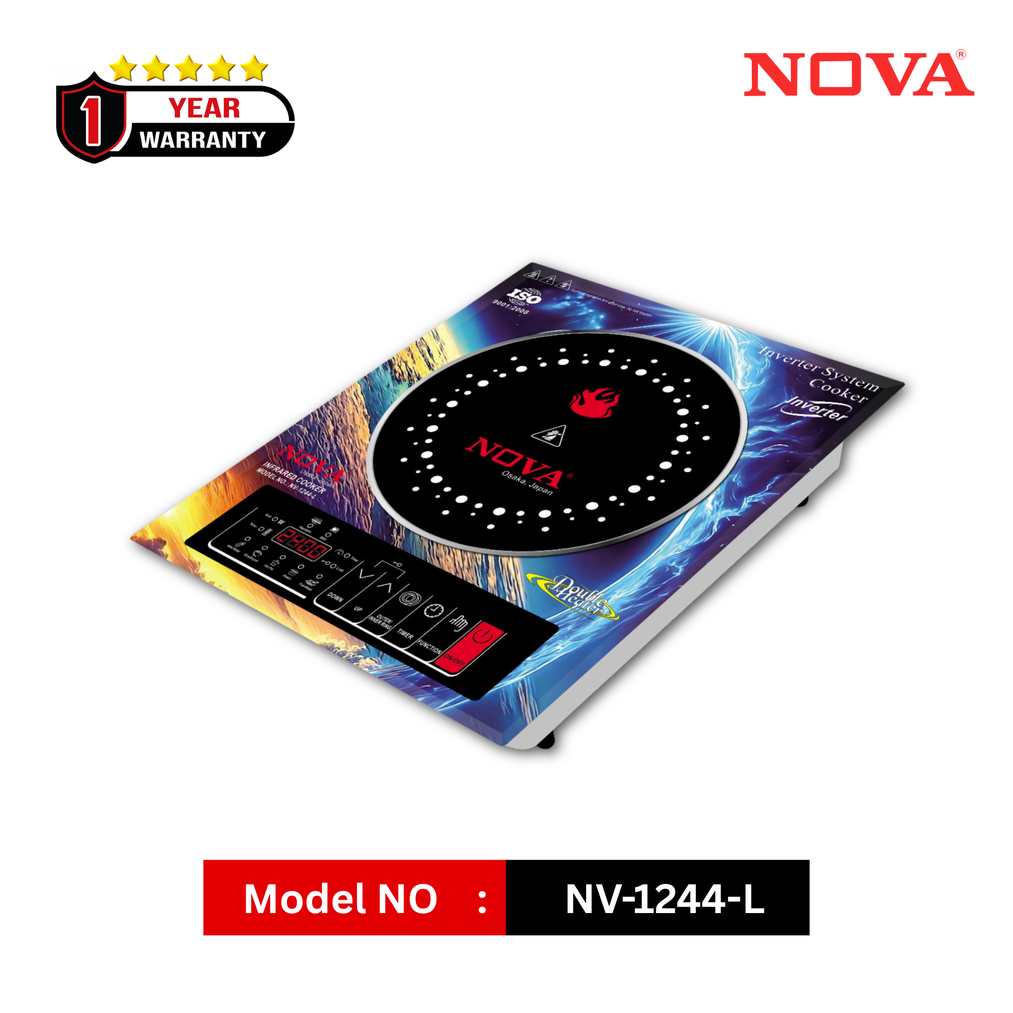 NOVA Infrared Cooker | NV-1244-L | 2400W Double Heater | Inverter Friendly | Touch & Knob Control