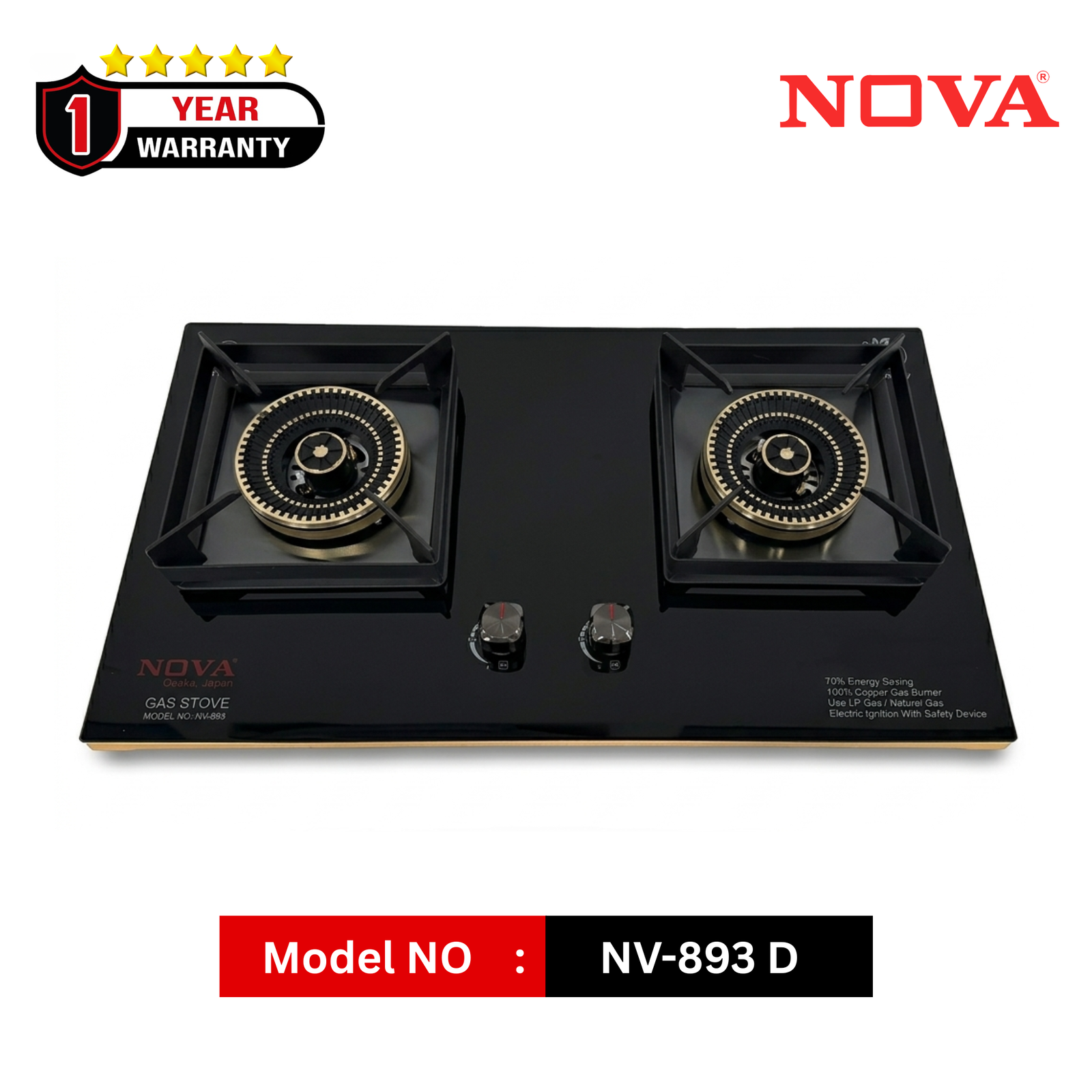 NOVA NV-893 Glass Top Double Burner Gas Stove