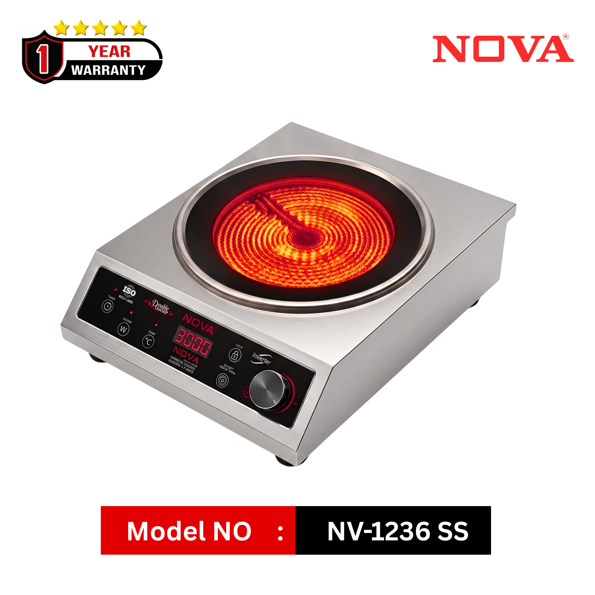 NOVA Infrared Cooker 2500W Double Heater | NV-1242-SS | Inverter Friendly | Touch & Knob Control