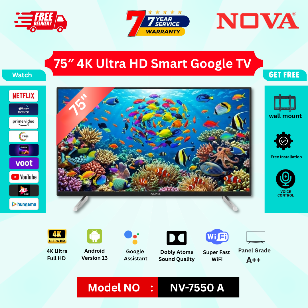 NOVA 75” 4K QLED Smart Google TV NV-7550 | Dolby Vision HDR10+ | Android 14 | 2GB RAM 16GB ROM | Voice Control | Netflix YouTube Prime